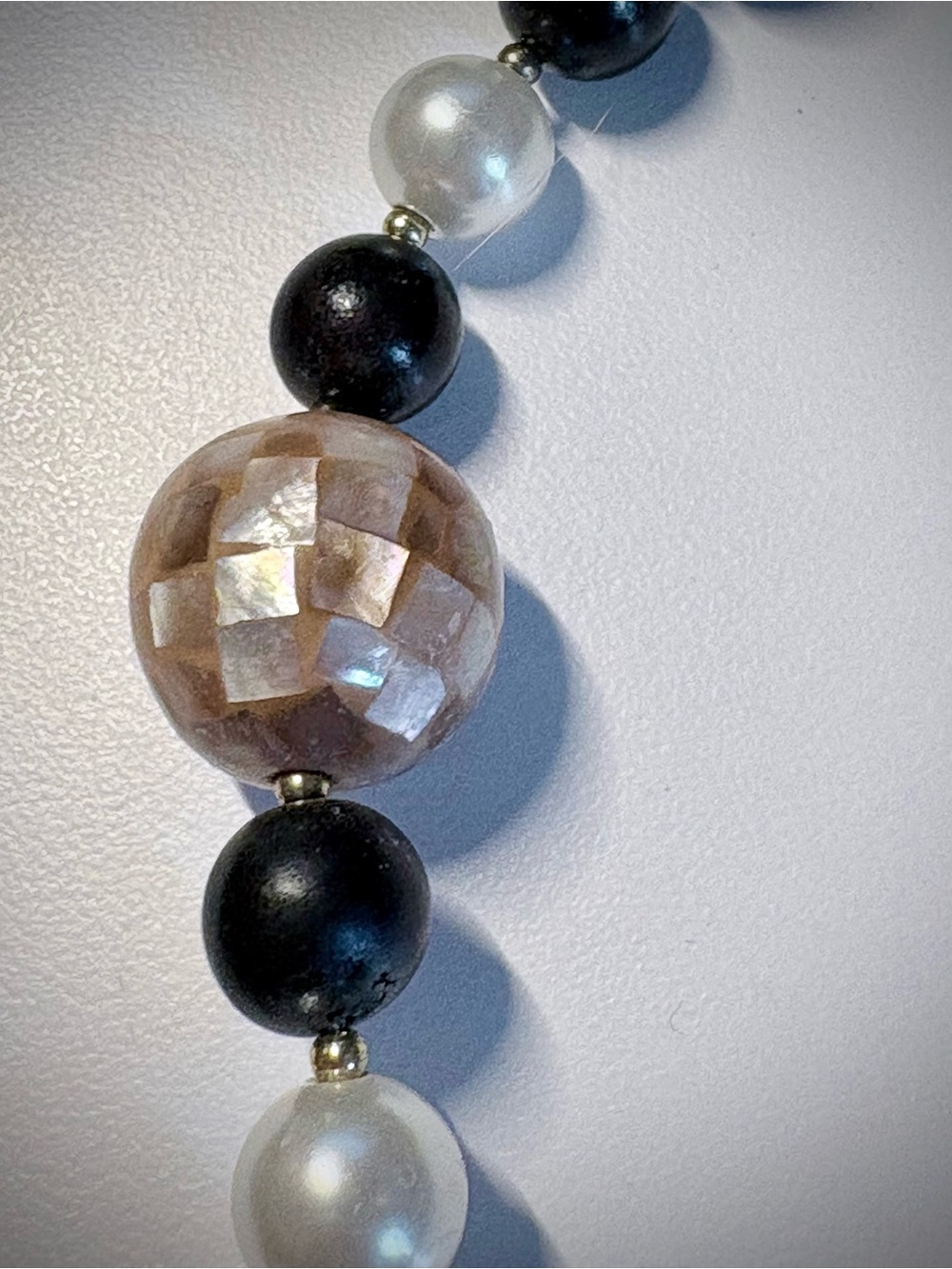 Black Bead and Pearl Statement Necklace with Abalone Pendant and Bracelet Set - Picture 5 of 6